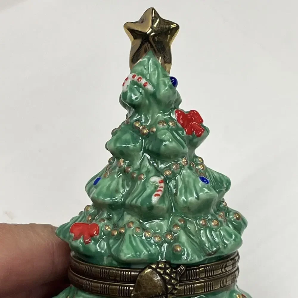 Christmas Tree Hinged Trinket Box Ceramic w/ Metal Closure Star Gifts